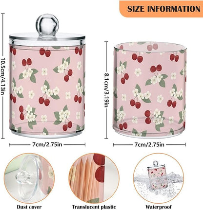 Milk Cow Qtip Holder with Lid 2PCS Apothecary Jars Storage Containers, Clear Plastic Canister for Cotton Swab,Floss Picks, Cosmetics (Sweet Cherrys, one sizex2)