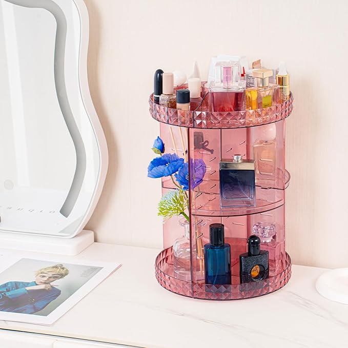 V-HANVER 360 Rotating Makeup Organizer Perfume Organizer Pink Cosmetic Storage Display Case Large Capacity Acrylic Beauty Holder Adjustable Partition Height for Bedroom Dresser or Bathroom Vanity