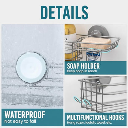 TAILI Shower Caddy Suction Cup 2 Pack with Hooks & Soap Holder, Heavy Duty Shower Organizer for Bathroom, No Drilling Bathroom Organizer with Large Capacity, Metal Storage Holder-Grey