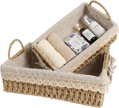 Wicker Storage Baskets with Handle and Liner, Set of 2 Small Paper Rope Woven Shelf Baskets for Organizing, Rectangular Boho Decorative Baskets for Gifts, Pantry, Table, Living Room, Kitchen