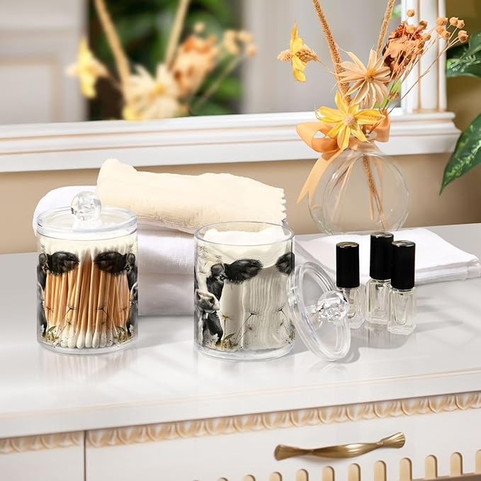 Watercolor Cow Qtip Holder 2 Pack - 10 Oz Clear Plastic Apothecary Jar Set for Bathroom Organization - Versatile Canister Storage for Cotton Balls, Swabs, Rounds
