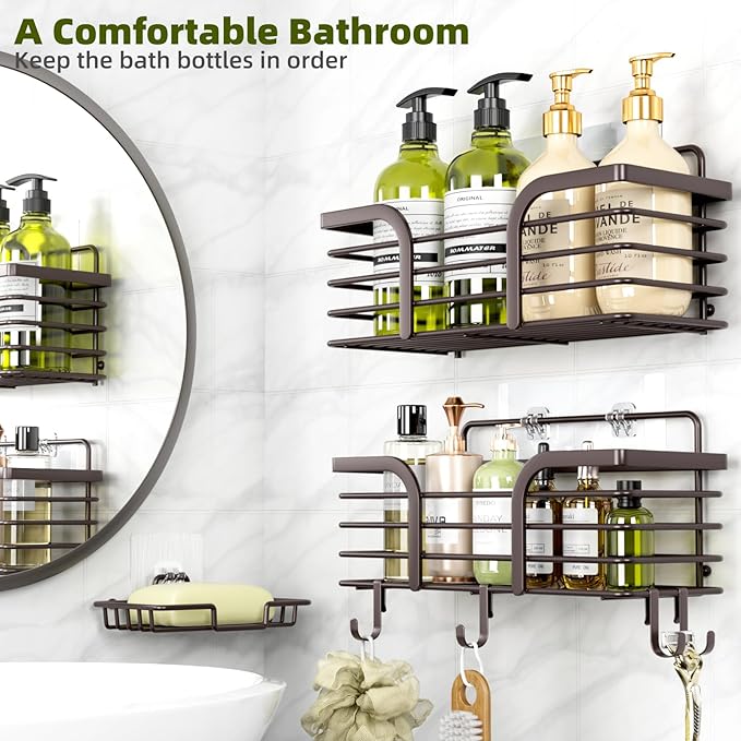 Yougai Shower Caddy, Shower Organizer with Soap Holder and Hooks, Rustproof Shower Shelves, No Drilling Bathroom Organizers and Storage, Wall-Mounted Kitchen & Home Decor (Brown)