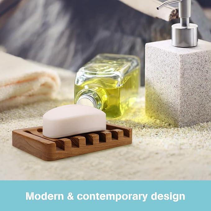 2PCS Self Draining Soap Dishes by HTB, Teak Wood Soap Holder, Soap Saver for Shower, Bathroom, Bath Tub, Kitchen Sponges, Easy Dry Extend Soap Life