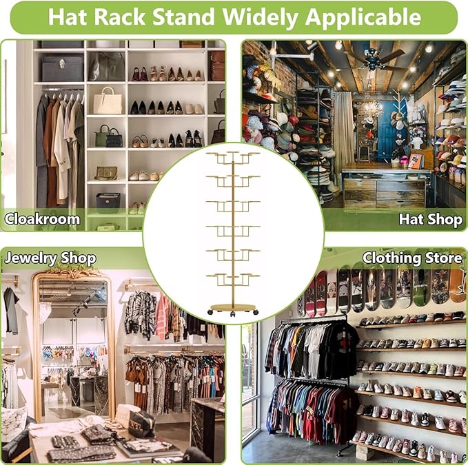 Standing Hat Rack Stand, Cowboy Hat Rack with 40 Hooks, 8 Tier Metal Hat Organizer Rack, Floor Hat Display Rack for Home Store Vendors(Gold,8 Tier)