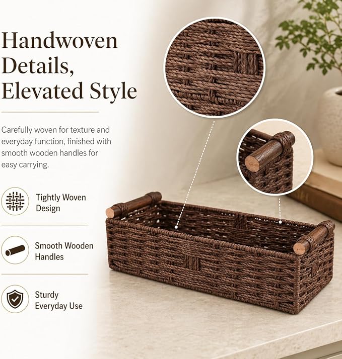 Brown Woven Bathroom Basket with Wood Handles — Toilet Paper Storage Organizer, Back of Toilet Wicker Basket, Dark Brown Boho Bathroom Decor Tray for Tank Top or Shelf