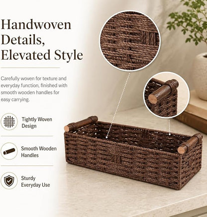 Brown Woven Bathroom Basket with Wood Handles — Toilet Paper Storage Organizer, Back of Toilet Wicker Basket, Dark Brown Boho Bathroom Decor Tray for Tank Top or Shelf