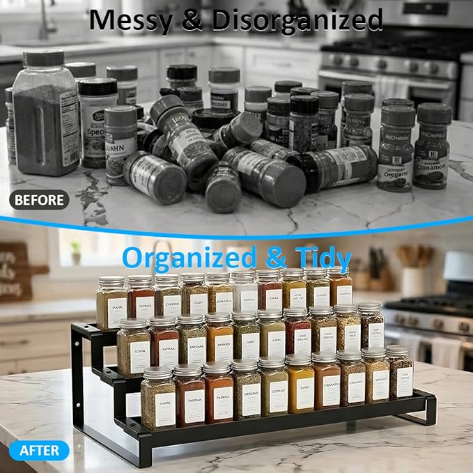 Expandable Spice Rack Organizer for Cabinet, Metal Spice Organizer Adjustable Length, Seasoning & Pantry Organization Shelf 3-Tier, Non-Skid Step Shelf for Kitchen Cabinet, Pantry or Countertop
