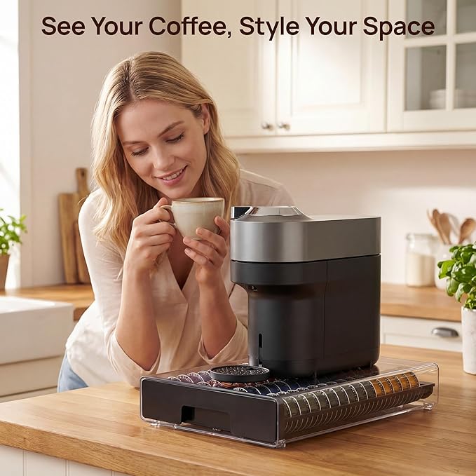 Vtopmart Coffee Pod Drawer Organizer for Nespresso Vertuo Pods, Holds 40 Large or 60 Small Capsules, Acrylic Coffee Pod Holder with Smooth Pull-Out, Anti-Slip Clear Storage