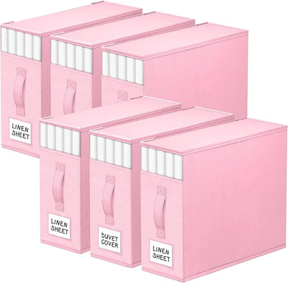 StorageTastic 6 Pack Bed Sheet Closet Organizers and Storage,Sturdy Foldable Storage Containers with Window and Label,Storage and Organization for Bedding Sheets,Duvet Covers,Blankets (Pink)