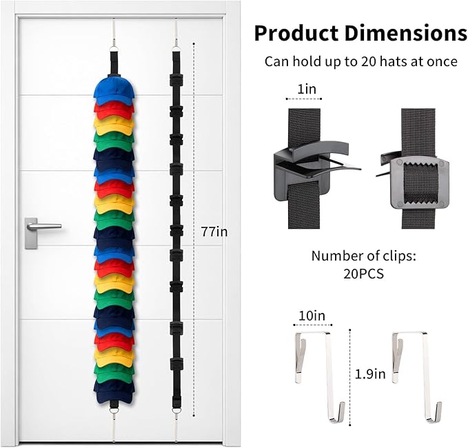 Hat Rack for Door,Two-Way Hanging Caps with 20 Display Hooks and Hanger, Hat Organizer for Baseball Caps, Over the Door Hat Storage Organizer for Bedroom, Closet,Entrance or Garage Doors,(Black)