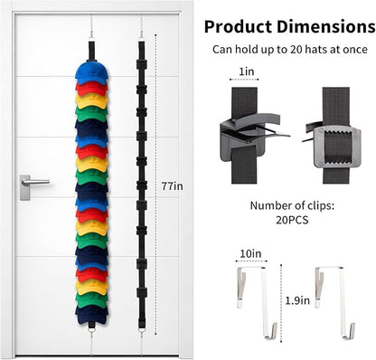 Hat Rack for Door,Two-Way Hanging Caps with 20 Display Hooks and Hanger, Hat Organizer for Baseball Caps, Over the Door Hat Storage Organizer for Bedroom, Closet,Entrance or Garage Doors,(Black)