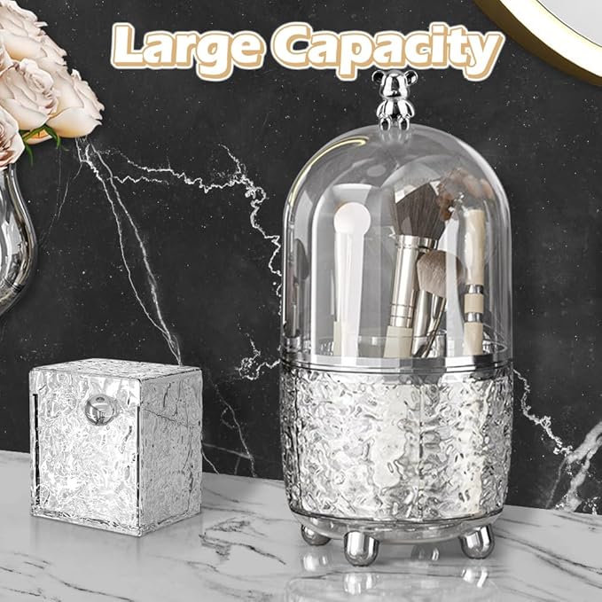 Makeup Brush Holder Organizer with Lid, 360°Rotating Dustproof Makeup Brushes Organizer, 4 Compartment Make Up Brushes Cup for Vanity Desktop Bathroom Countertop (Transparent)