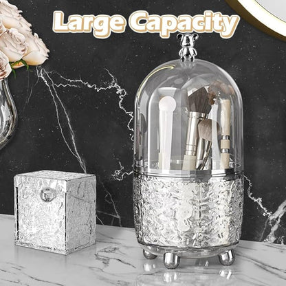 Makeup Brush Holder Organizer with Lid, 360°Rotating Dustproof Makeup Brushes Organizer, 4 Compartment Make Up Brushes Cup for Vanity Desktop Bathroom Countertop (Transparent)