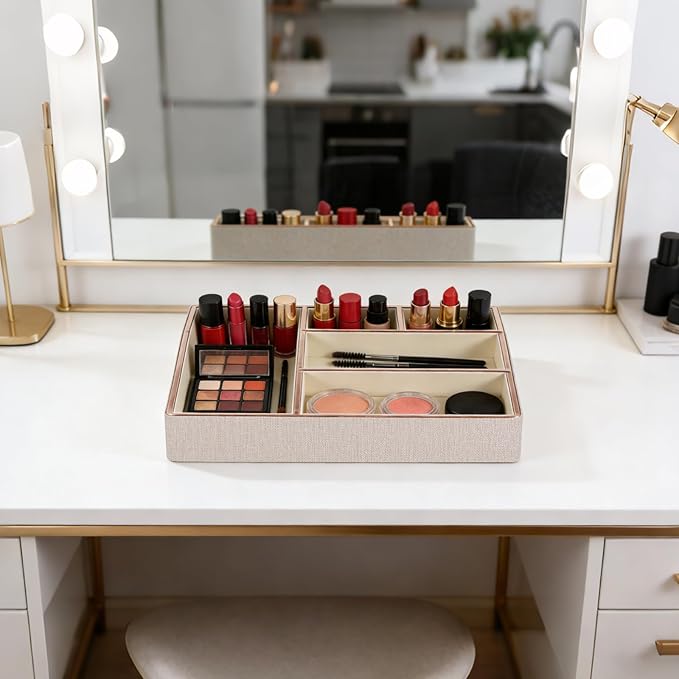 PU Leather Makeup Organizer Tray,Large Vanity Organizer,Cosmetic Storage Box for Lipstick Brushes Skincare Perfume,Cosmetic Display Case Rose Gold-trimmed for Dresser,Bathroom Countertop(Beige)