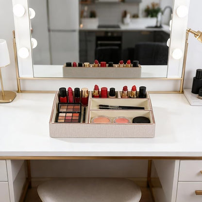 PU Leather Makeup Organizer Tray,Large Vanity Organizer,Cosmetic Storage Box for Lipstick Brushes Skincare Perfume,Cosmetic Display Case Rose Gold-trimmed for Dresser,Bathroom Countertop(Beige)
