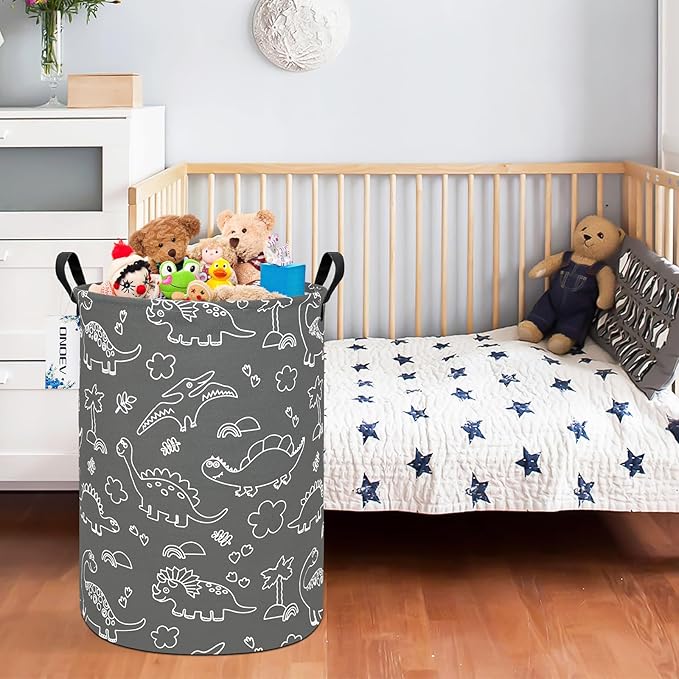 Round Cute Dinosaur Laundry Basket,Collapsible Laundry Hamper for Nursery,Toy Storage Bin for Kids Boys,Waterproof Storage Basket for Home,Bedroom, Playroom,New Parent Gift(Gray Line Dinosaur)