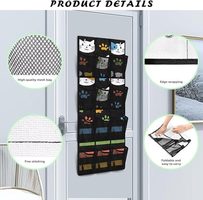 Cats Over the Door Organizer with 12 Mesh Pockets - Breathable Design for Bath Towels, Toiletries, Makeup (Waterproof Lining)