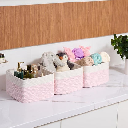 MiniArk Small Organizing Baskets for Cubes Shelf, 9.7x9.7x7.1 Inch Rope Woven Storage Bins for Nursery Shelves Storage, Cute Toy Basket, Square 3 Packs Off White Pink
