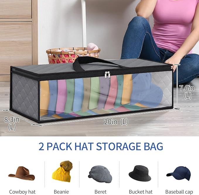 Fixwal 2 Pack Hat Storage Bag for Baseball, Caps Hat Organizer Case Hat Holder Rack with 2 Carry Handles for Closet Moisture & Dust Proof Holds Up to 20 Hats (Grey)