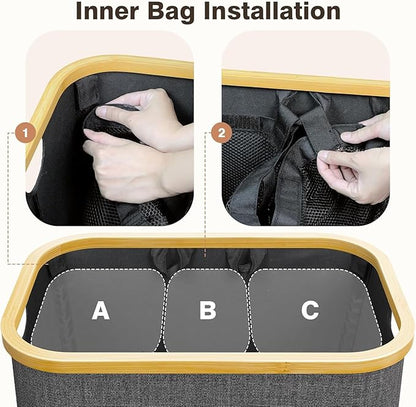 Hampers for Laundry Basket with Lid, 160L Extra Large 3 Section Clothes Divided Organizer for Bedroom, Laundry Room, Dirty Clothing Hamper, Black