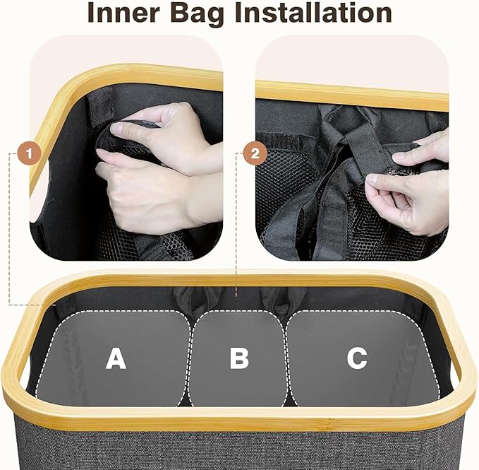 Hampers for Laundry Basket with Lid, 145L Extra Large 3 Section Clothes Divided Organizer for Bedroom, Laundry Room, Dirty Clothing Hamper, Black