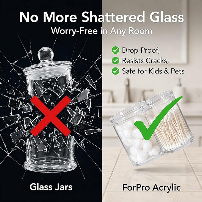 ForPro Clear Acrylic 2-Compartment Apothecary Jar with Lid, Shatterproof Qtip Holder & Cotton Ball Organizer, 28 Oz + 20 Oz Bathroom Vanity Canister for Kitchen, Office Decor, 6.25" x 3.7" x 4.6