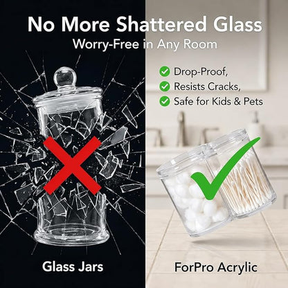 ForPro Clear Acrylic 2-Compartment Apothecary Jar with Lid, Shatterproof Qtip Holder & Cotton Ball Organizer, 28 Oz + 20 Oz Bathroom Vanity Canister for Kitchen, Office Decor, 6.25" x 3.7" x 4.6