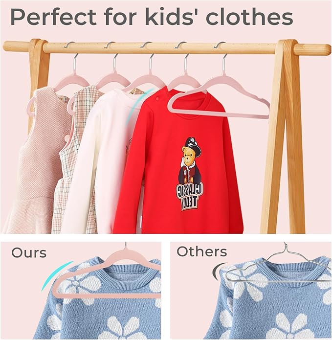 ManGotree 14 Inch Kids Velvet Hangers for Closet, Ultra-Thin Space Saving Children's Clothes Hangers, Non-Slip Felt Toddler Hanger for Youth's Clothes (66 Pack, Light Pink)