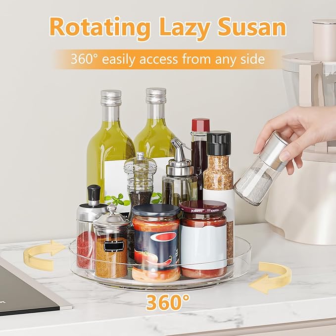 2 Pack 10 Inch Lazy Susan Turntable Organizer, Clear Rotating Spice Rack for Cabinet, Pantry, Kitchen Countertop and Fridge, Non-Slip Acrylic Spinning Tray for Bathroom Vanity