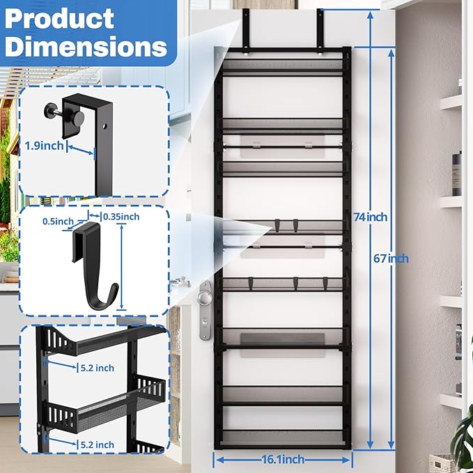 coobest 8-Tier Over the door Spice Rack Organizer, Large Heavy Duty Metal Wall Mount or Over The Door, 2 in 1 Rust-Proof Hanging Storage Shelf for Kitchen Pantry, Bathroom, Laundry Room, Closet