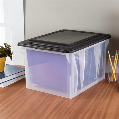 File Box, Clear Plastic Bin with Black Lid, Letter or Legal-Sized File Storage