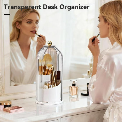 Hvygss 360° Rotating Makeup Brush Holder with Lid, Waterproof Three-Compartment Makeup Organizer, 180° Side-Pull Door Desk Organizer, Dustproof Brush Holder for Vanity and Bathroom (Transparent)