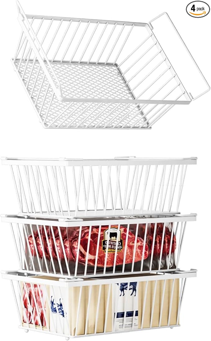 Freezer Organizer Bins ，Enhanced Leak-Proof Bottom，4 Pack Stackable Deep Freezer Organizer Bins for 5 Cu.FT Small Chest Freezer，organization and storage，pantry organizers（for 5 Cu.Ft