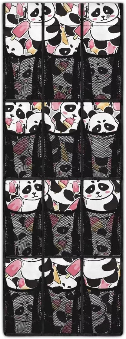 ZUXONGSY12 Pockets Over The Door Organizer Cartoon Pandas Behind Door Shoe Organizer for BedRoomEasy to Install Wall Hanging Storage for Living Room
