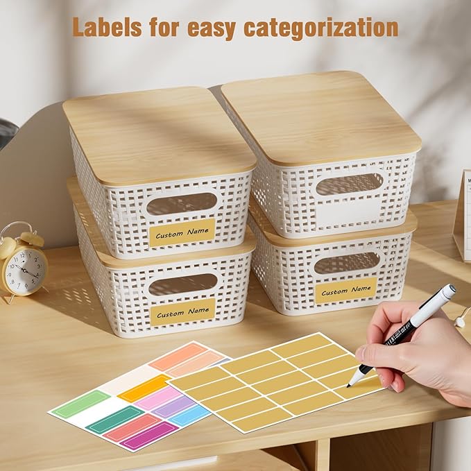 8 Pcs Plastic Storage Bins with Bamboo Lids and Labels 5.29qt Stackable Box Basket Pantry Decorative Containers, Small Storage Baskets for Desktop Shelves Drawers Closets Office Cabinets 10*7.2*4.1"