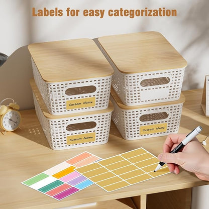 8 Pcs Plastic Storage Bins with Bamboo Lids and Labels 5.29qt Stackable Box Basket Pantry Decorative Containers, Small Storage Baskets for Desktop Shelves Drawers Closets Office Cabinets 10*7.2*4.1"