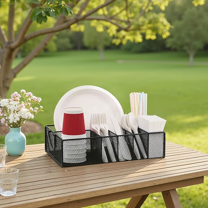Utensil Caddy with Handle, Metal Paper Plate Holder for Kitchen Counter,Silverware Cutlery Caddy Organizer Flatware Storage for Plastic Spoon Fork Plates Napkins Cup Party Camping Black