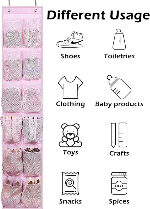 MISSLO Over The Door Shoe Organizer 12 Large Mesh Pockets Hanging Narrow Closet Door, Baby Hanging Shoe Rack Kids Closet Storage bags for Girl Women Men Toddler Nursery, Pink, 2 Pack