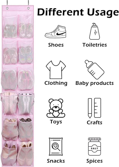 MISSLO Over The Door Shoe Organizer 12 Large Mesh Pockets Hanging Narrow Closet Door, Baby Hanging Shoe Rack Kids Closet Storage bags for Girl Women Men Toddler Nursery, Pink, 2 Pack