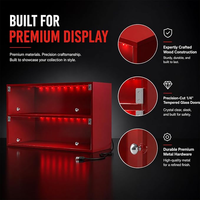 Sneaker Display Case with Lights featuring LED Intelligent Control Shoe Storage Box, Stackable LED Shoe Box Wood Shoe Display Case for Luxury Sneaker Storage (Red 2-layer)