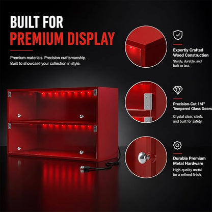 Sneaker Display Case with Lights featuring LED Intelligent Control Shoe Storage Box, Stackable LED Shoe Box Wood Shoe Display Case for Luxury Sneaker Storage (Red 2-layer)
