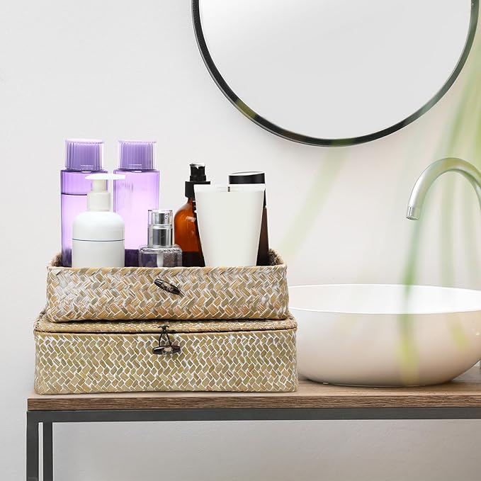Didaey Set of 4 Seagrass Basket with Lid Wicker Storage Basket Decorative Storage Boxes with Lids Flat Storage Bins Woven Organizer Baskets for Shelf Closet Bedroom, 4 Sizes (White)
