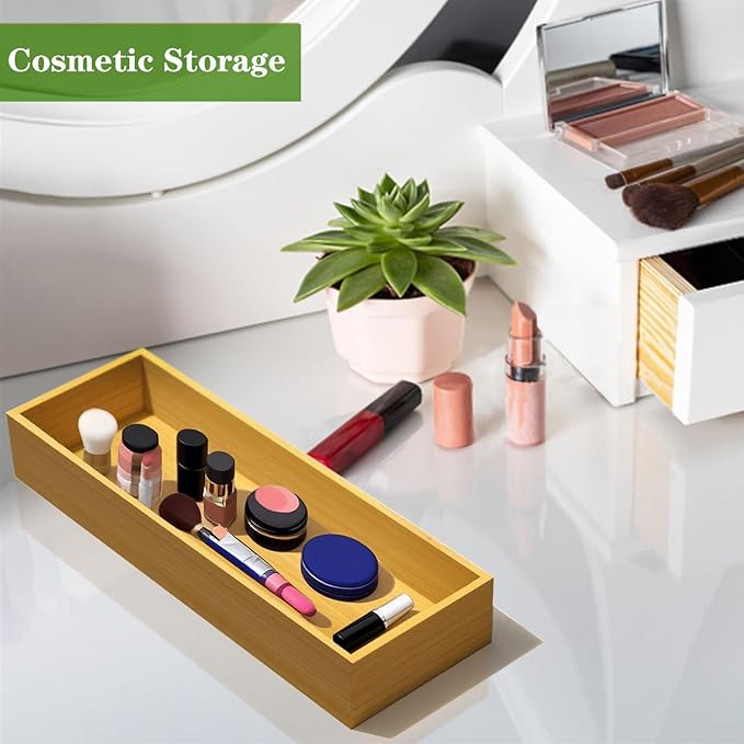 guiogc Bamboo Drawer Silverware Organizer, Utensil Organizer, Bamboo Storage Box Wood Silverware Tray for Drawer Set of 2