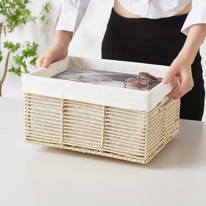 Vagusicc Wicker Storage Baskets, 6 Pack Baskets for Organizing, Wicker Basket with Handle, Rectangular Basket for Storage Shelves, Cube Storage Bins for Closet/Clothes/Dresser, Beige