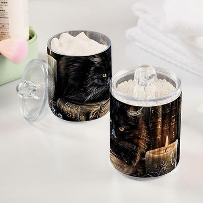 2 Pack Black Cat Gothic Qtip Cotton Ball Holders Dispenser with Lid, Plastic Jars Bathroom Canisters Storage Organizer