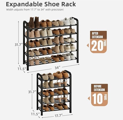 STORAGE MANIAC 5-Tier Expandable Shoe Rack, 20 Pairs Adjustable Shoe Shelf for Closet, Entryway, Hallway, Garage, Dorm, Heavy-Duty Metal Shoe Organizer for Small Space, Black