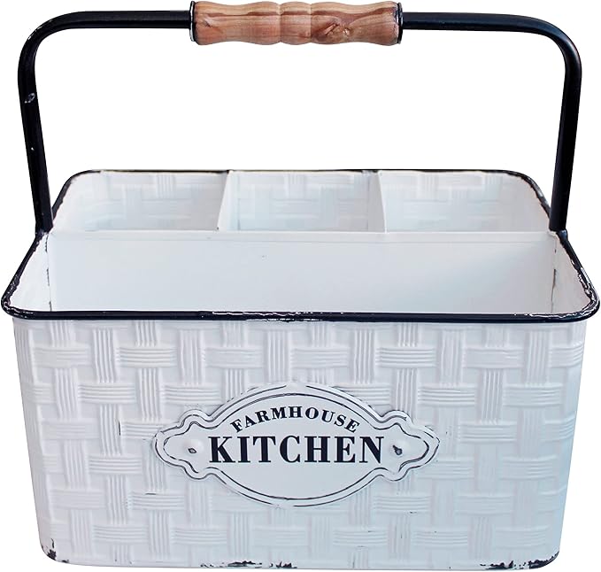 CVHOMEDECO. Rustic Distressed Metal Silverware Organizer Utensil Caddy, Flatware holder, Tabletop Organizer, Enamel Finish with Wood handle and 4 Compartments, White