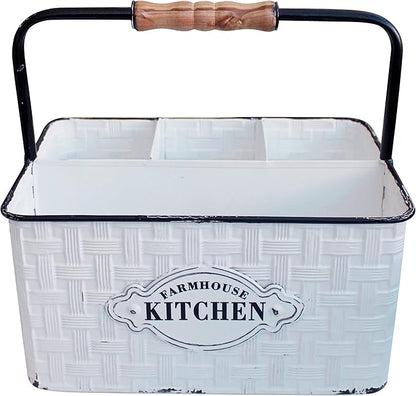 CVHOMEDECO. Rustic Distressed Metal Silverware Organizer Utensil Caddy, Flatware holder, Tabletop Organizer, Enamel Finish with Wood handle and 4 Compartments, White