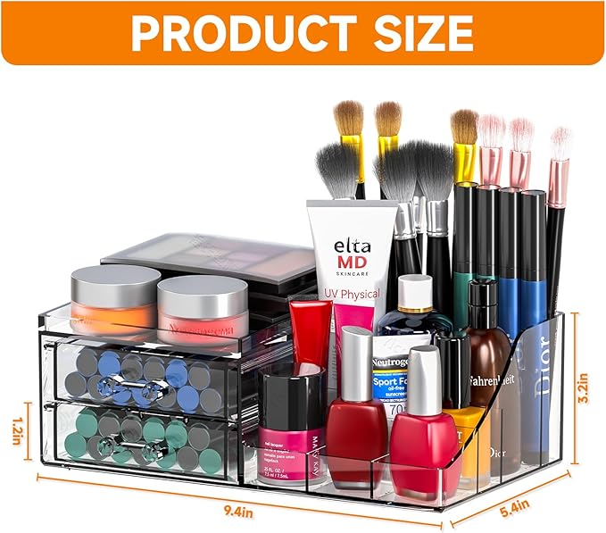 Acrylic Small Makeup Organizer with Drawers,Clear Skincare Organizer for Vanity,Dresser,Bathroom Countertop,Cute Cosmetic Organizer for Lip Gloss,Makeup Brush,Beauty,Skin Care and Cosmetic Storage