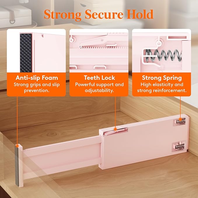 Lifewit 6 Pack Drawer Dividers 4" High 28-43.5cm/11-17" Adjustable Drawer Organizer for Clothes/Utensils, Expandable Drawer Separator in Dresser/Kitchen/Bedroom/Office Organization & Storage Pink